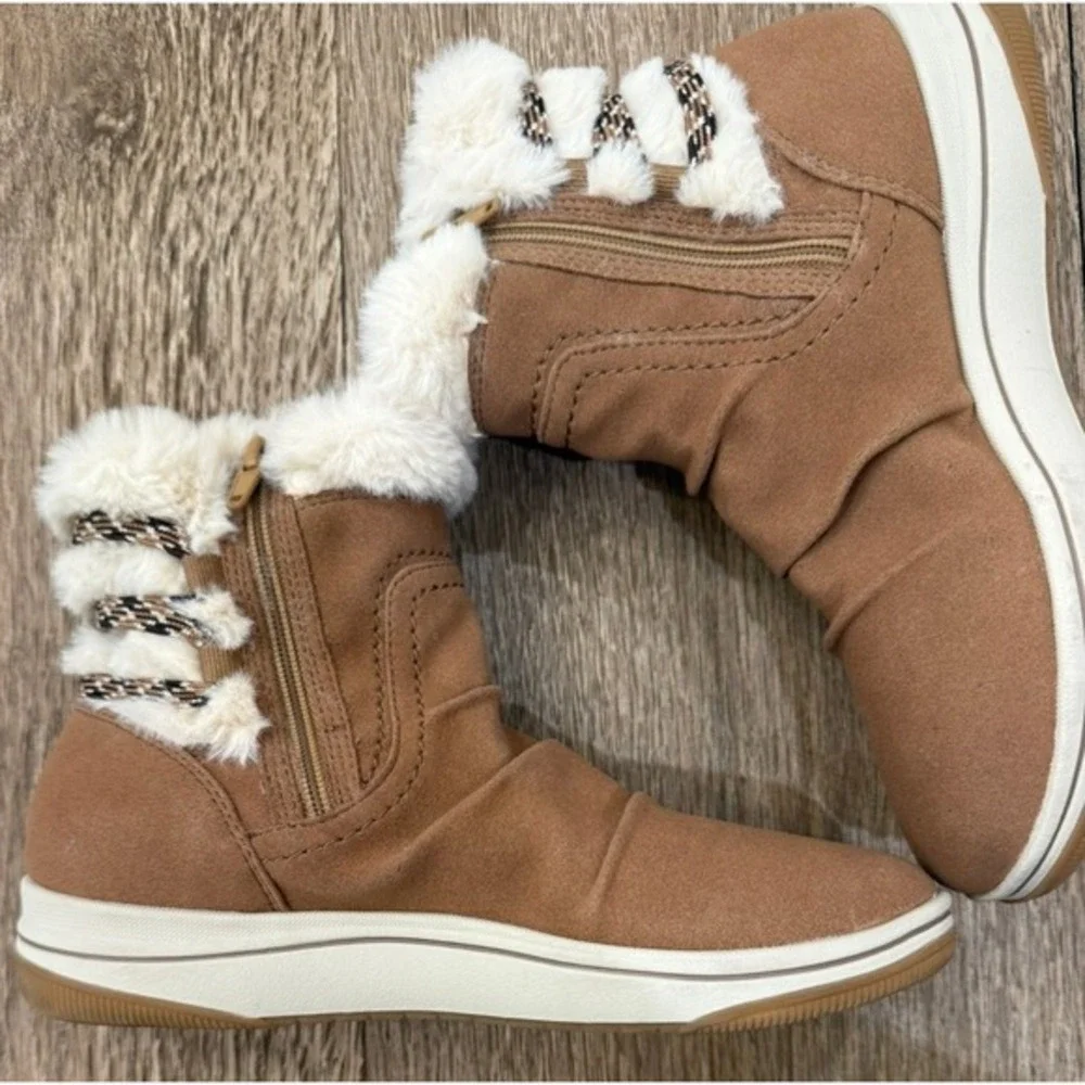 Clark's Brown Faux Suede Fur Trim‎ Ankle Boots Side Zip Size 5
